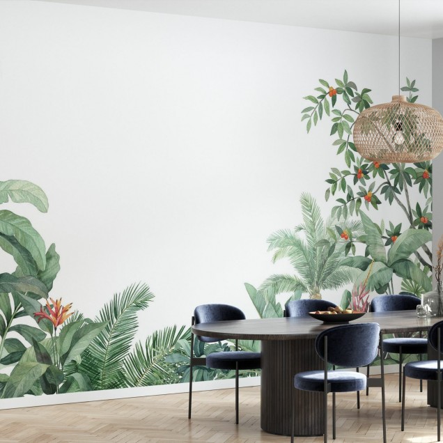 Tapet Tropical Arrangement, cu frunze verzi și flori exotice, perfect pentru a adăuga un strop de culoare și viață spațiului dumneavoastră.