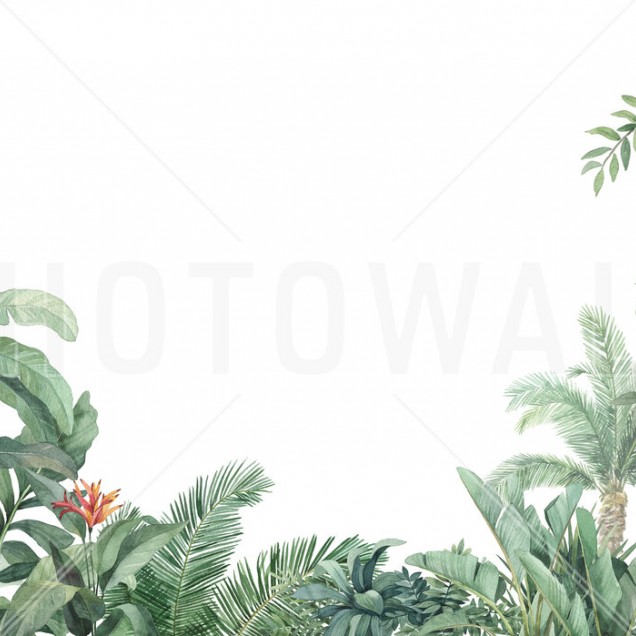 Tapet Tropical Arrangement, cu frunze verzi și flori exotice, perfect pentru a adăuga un strop de culoare și viață spațiului dumneavoastră.