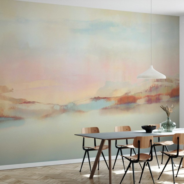 Imagine cu un tapet cu un design minimalist, pictat în nuanțe pastelate de roz și albastru, aplicat pe un perete din dormitor.
