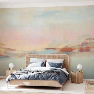 Imagine cu un tapet cu un design minimalist, pictat în nuanțe pastelate de roz și albastru, aplicat pe un perete din dormitor.