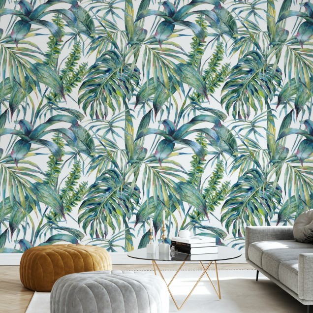 Tapet Exotic Leaves, cu un design vibrant, cu frunze tropicale pictate cu grijă