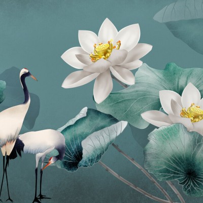 Wallpaper floral asiatic cu flori de lotus albe și cocori pe un fundal verde smarald