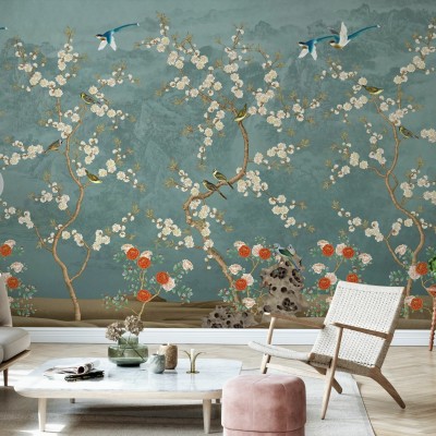 Tapet Chinoiserie Garden cu flori albe si pasari albastre pe un fundal albastru