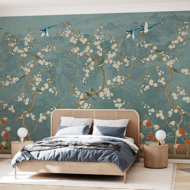 Tapet Chinoiserie Garden cu flori albe si pasari albastre pe un fundal albastru