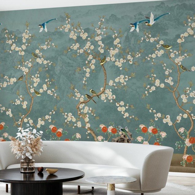 Tapet Chinoiserie Garden cu flori albe si pasari albastre pe un fundal albastru