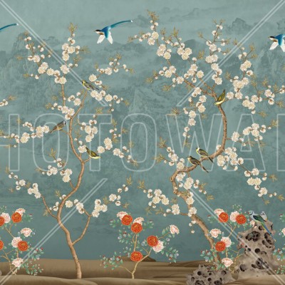 Tapet Chinoiserie Garden cu flori albe si pasari albastre pe un fundal albastru