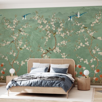 Tapet cu motive florale si pasari, Chinoiserie Garden, Emerald