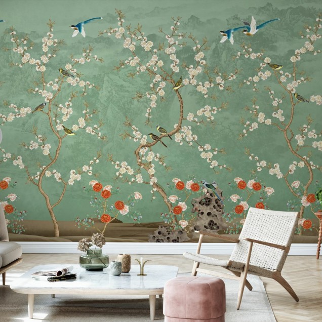 Tapet cu motive florale si pasari, Chinoiserie Garden, Emerald