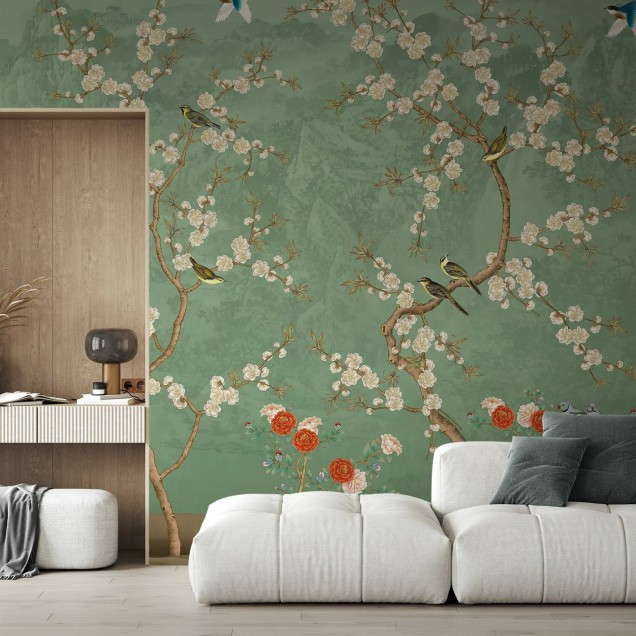 Tapet cu motive florale si pasari, Chinoiserie Garden, Emerald