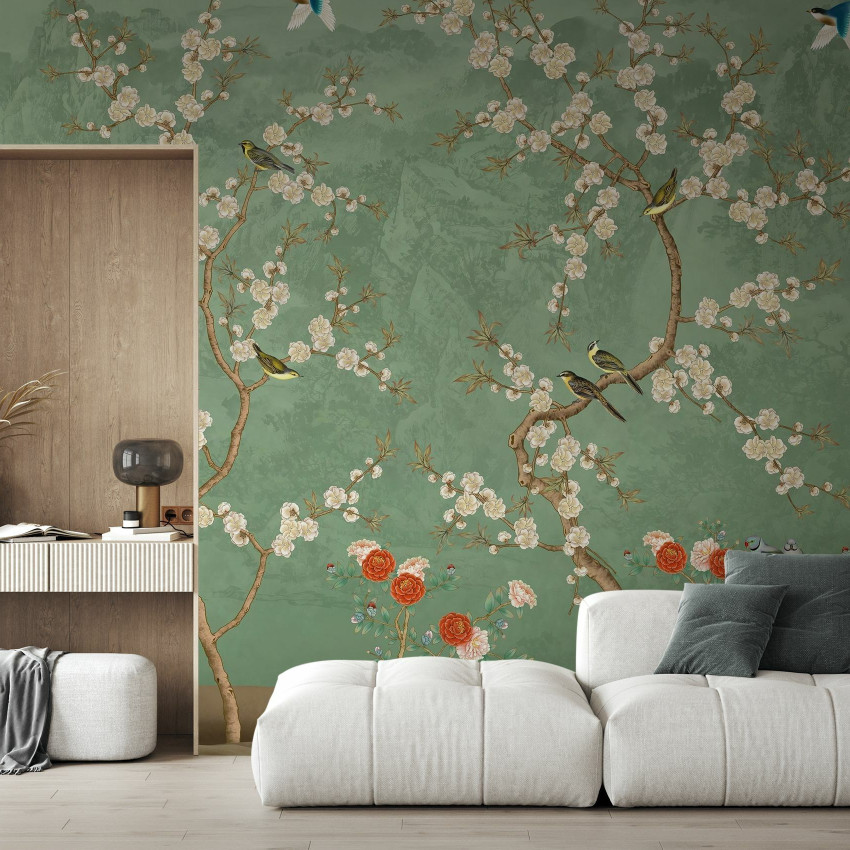 Tapet Chinoiserie Garden cu flori albe si pasari albastre pe un fundal albastru