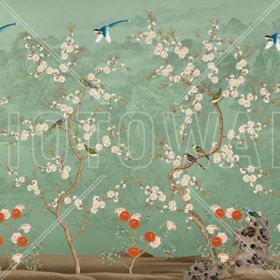 Tapet cu motive florale si pasari, Chinoiserie Garden, Emerald
