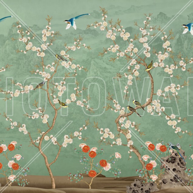 Tapet cu motive florale si pasari, Chinoiserie Garden, Emerald