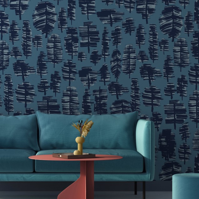 Tapet modern cu design abstract de pădure, în nuanțe de albastru-gri.