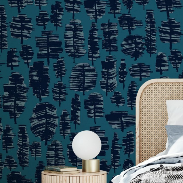 Tapet modern cu design abstract de pădure, în nuanțe de albastru-gri.