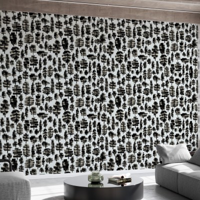Wallpaper cu design minimalist, in nuante de gri si negru, reprezentand siluete de copaci, perfect pentru living, dormitor sau birou.
