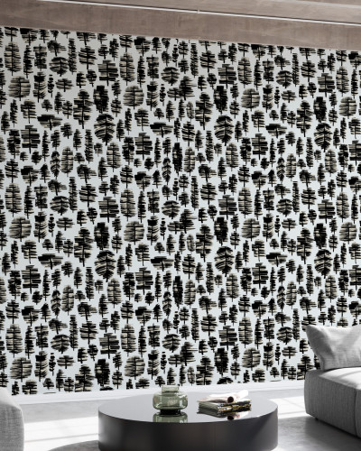 Wallpaper cu design minimalist, in nuante de gri si negru, reprezentand siluete de copaci, perfect pentru living, dormitor sau birou.
