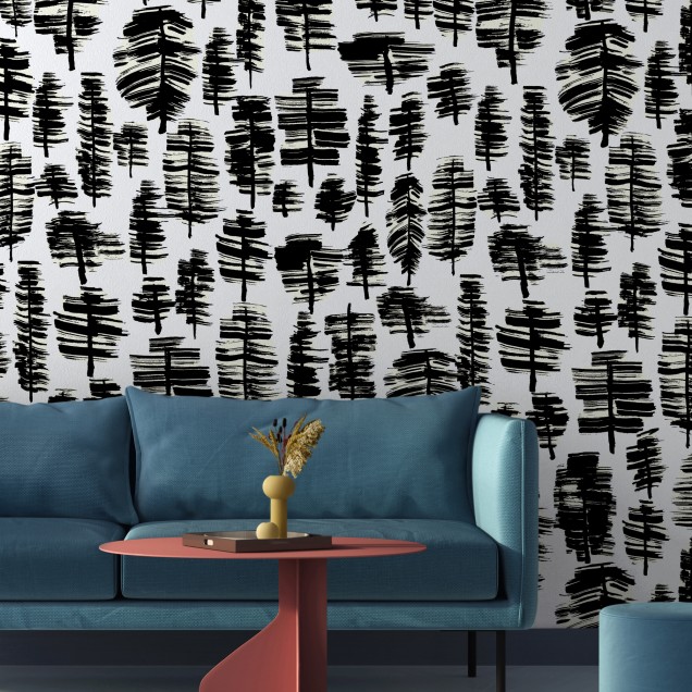 Wallpaper cu design minimalist, in nuante de gri si negru, reprezentand siluete de copaci, perfect pentru living, dormitor sau birou.