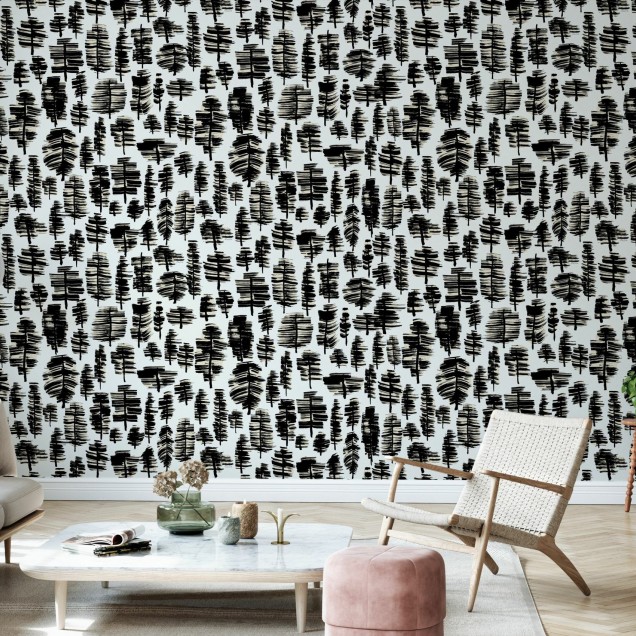 Wallpaper cu design minimalist, in nuante de gri si negru, reprezentand siluete de copaci, perfect pentru living, dormitor sau birou.
