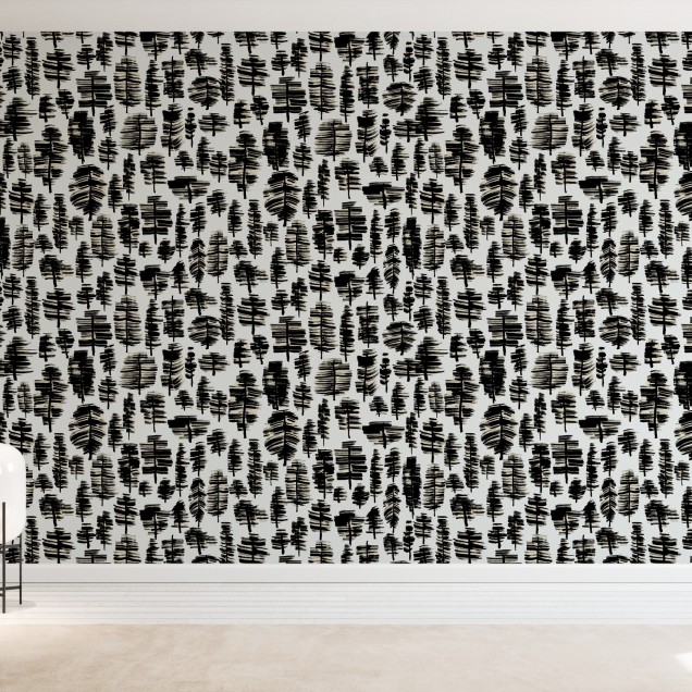 Wallpaper cu design minimalist, in nuante de gri si negru, reprezentand siluete de copaci, perfect pentru living, dormitor sau birou.