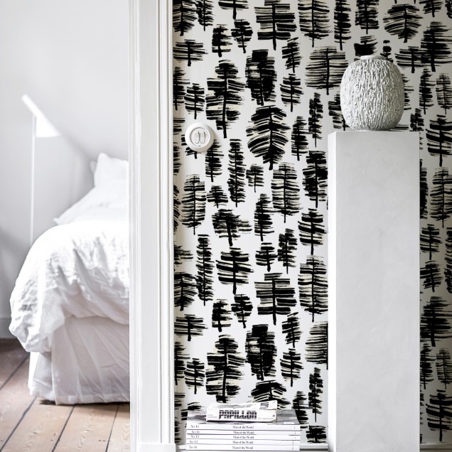 Wallpaper cu design minimalist, in nuante de gri si negru, reprezentand siluete de copaci, perfect pentru living, dormitor sau birou.