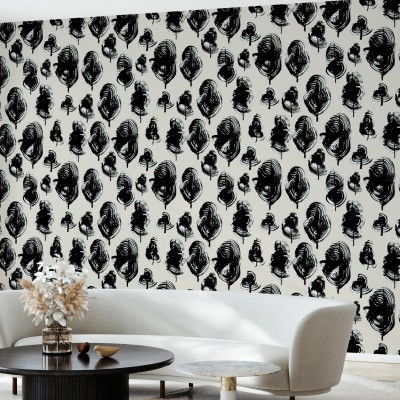 Tapet cu frunze stilizate, design modern, abstract. Frumoase frunze ilustrate cu linii negre, oferă o notă de simplitate și eleganță.