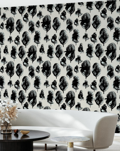 Tapet cu frunze stilizate, design modern, abstract. Frumoase frunze ilustrate cu linii negre, oferă o notă de simplitate și eleganță.