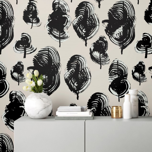 Tapet cu frunze stilizate, design modern, abstract. Frumoase frunze ilustrate cu linii negre, oferă o notă de simplitate și eleganță.