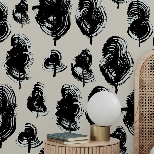 Tapet cu frunze stilizate, design modern, abstract. Frumoase frunze ilustrate cu linii negre, oferă o notă de simplitate și eleganță.