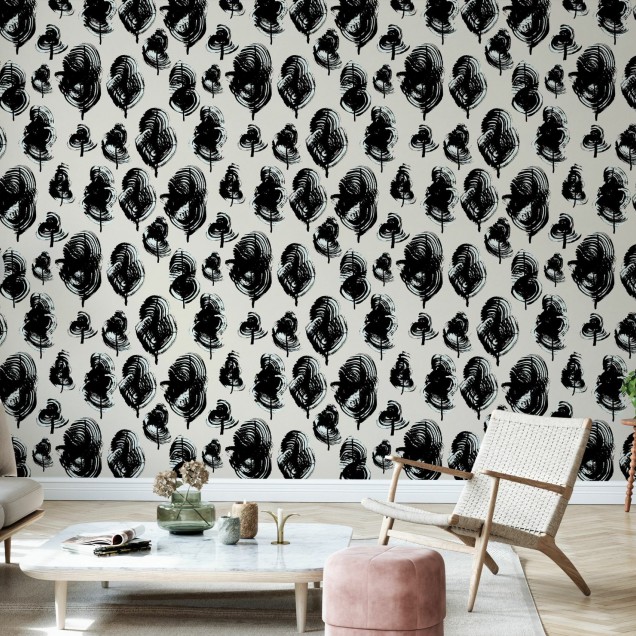 Tapet cu frunze stilizate, design modern, abstract. Frumoase frunze ilustrate cu linii negre, oferă o notă de simplitate și eleganță.