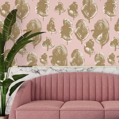 Leaves, Peach Caramel wallpaper, cu un design modern cu frunze in tonuri de piersica si caramel pe fundal roz pal
