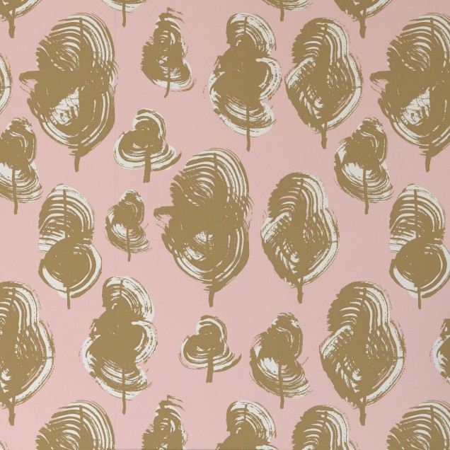 Leaves, Peach Caramel wallpaper, cu un design modern cu frunze in tonuri de piersica si caramel pe fundal roz pal