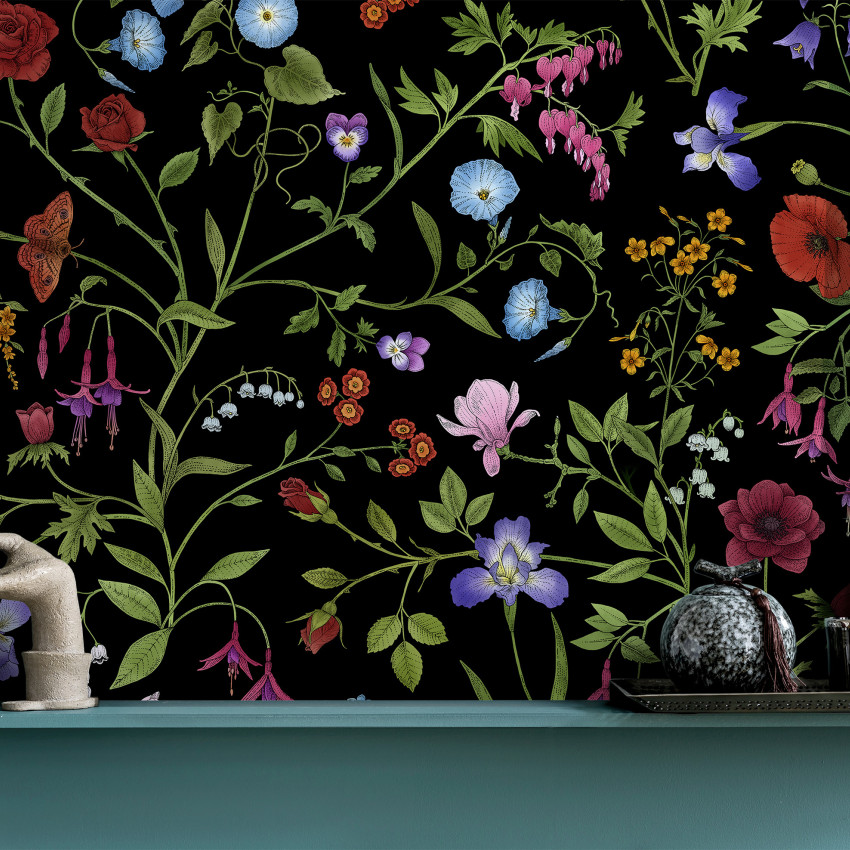 Tapet cu flori, Flora Pattern, White, Photowall, pe un perete alb, într-un decor elegant