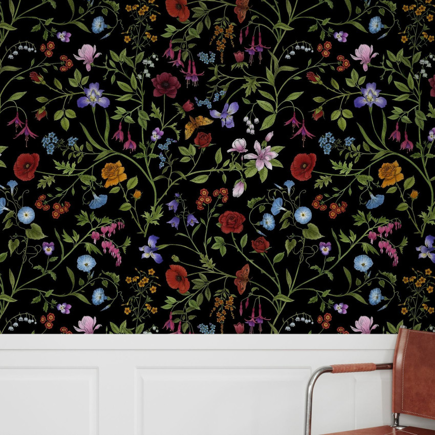 Tapet cu flori, Flora Pattern, White, Photowall, pe un perete alb, într-un decor elegant