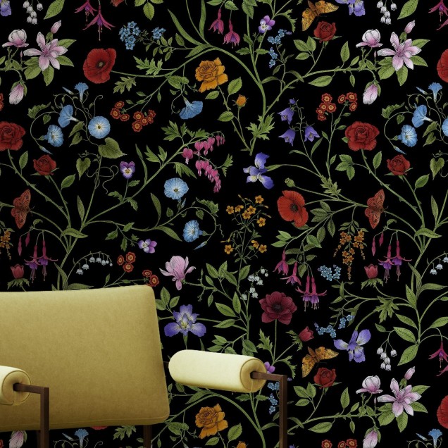 Tapet floral cu model elegant, pe fundal negru.
