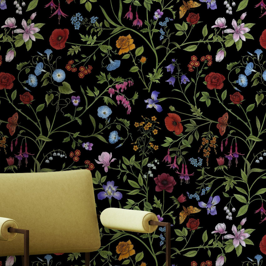 Tapet cu flori, Flora Pattern, White, Photowall, pe un perete alb, într-un decor elegant
