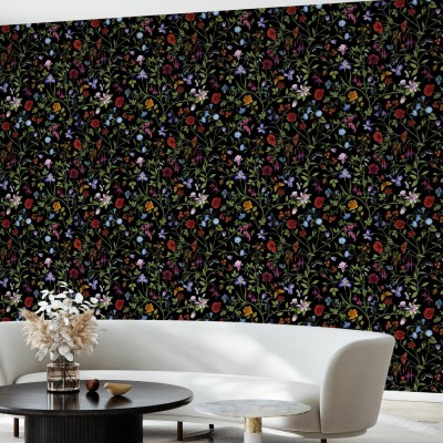 Tapet floral cu model elegant, pe fundal negru.