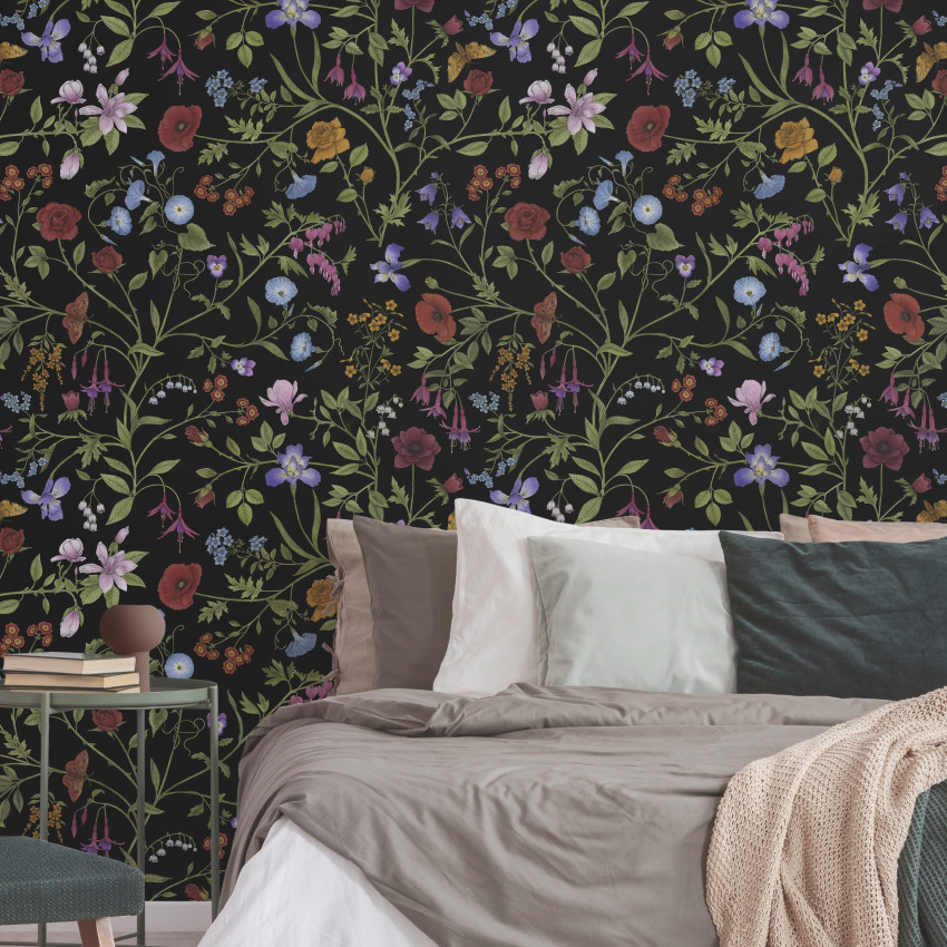 Tapet cu flori, Flora Pattern, White, Photowall, pe un perete alb, într-un decor elegant