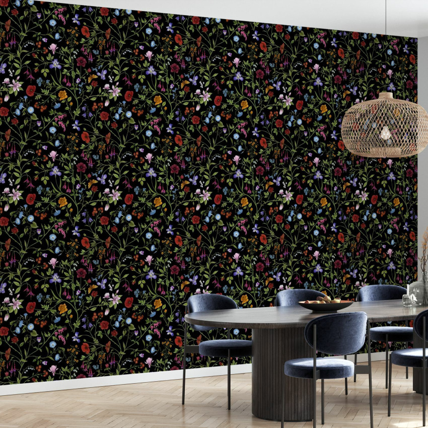Tapet cu flori, Flora Pattern, White, Photowall, pe un perete alb, într-un decor elegant