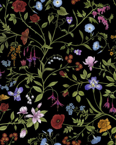 Tapet floral cu model elegant, pe fundal negru.