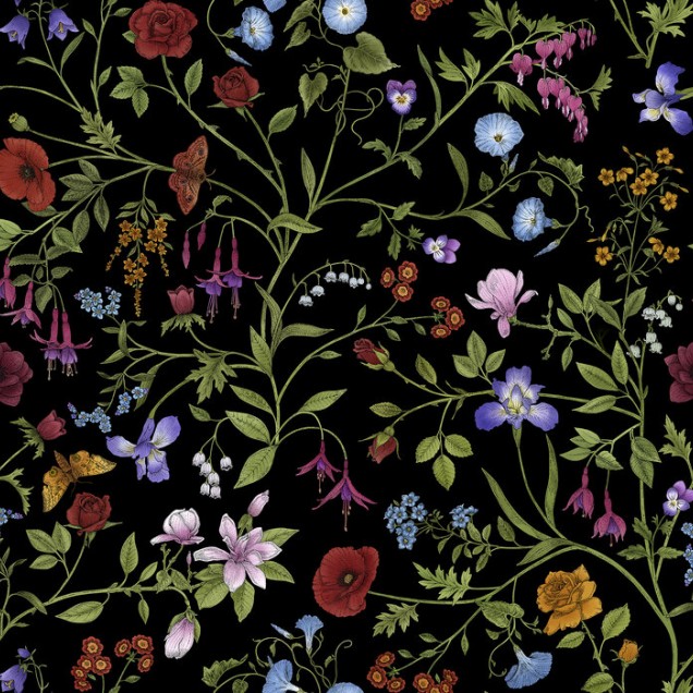 Tapet floral cu model elegant, pe fundal negru.