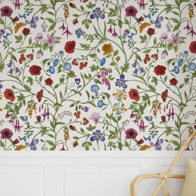 Tapet cu flori, Flora Pattern, White, Photowall, pe un perete alb, într-un decor elegant