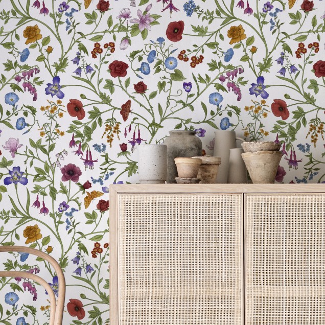 Tapet cu flori, Flora Pattern, White, Photowall, pe un perete alb, într-un decor elegant
