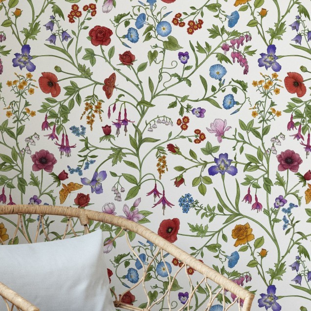 Tapet cu flori, Flora Pattern, White, Photowall, pe un perete alb, într-un decor elegant