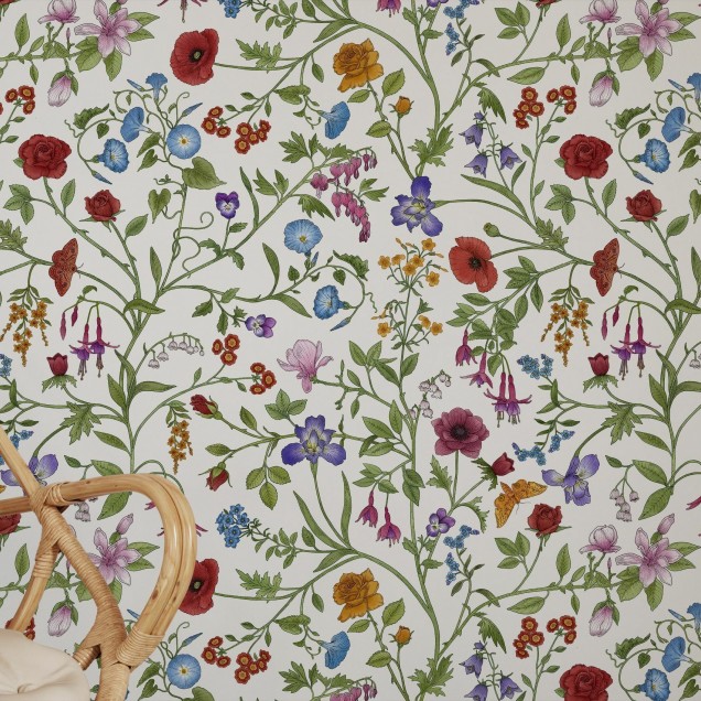 Tapet cu flori, Flora Pattern, White, Photowall, pe un perete alb, într-un decor elegant