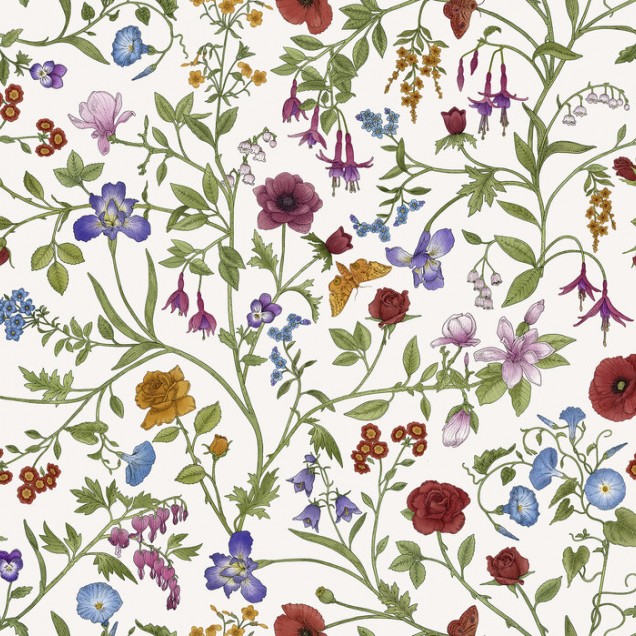 Tapet cu flori, Flora Pattern, White, Photowall, pe un perete alb, într-un decor elegant