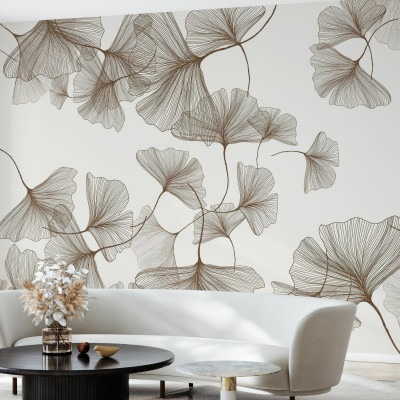 Fototapet cu frunze stilizate în living modern