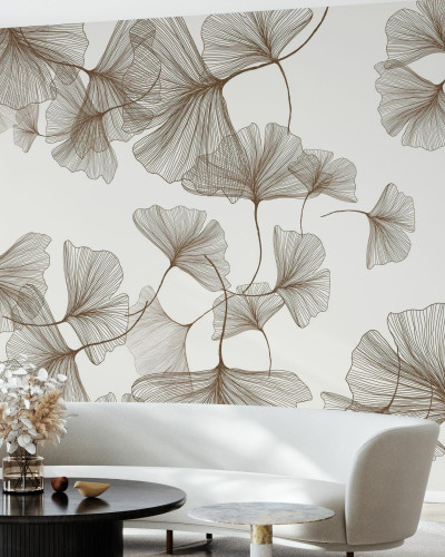 Fototapet cu frunze stilizate în living modern
