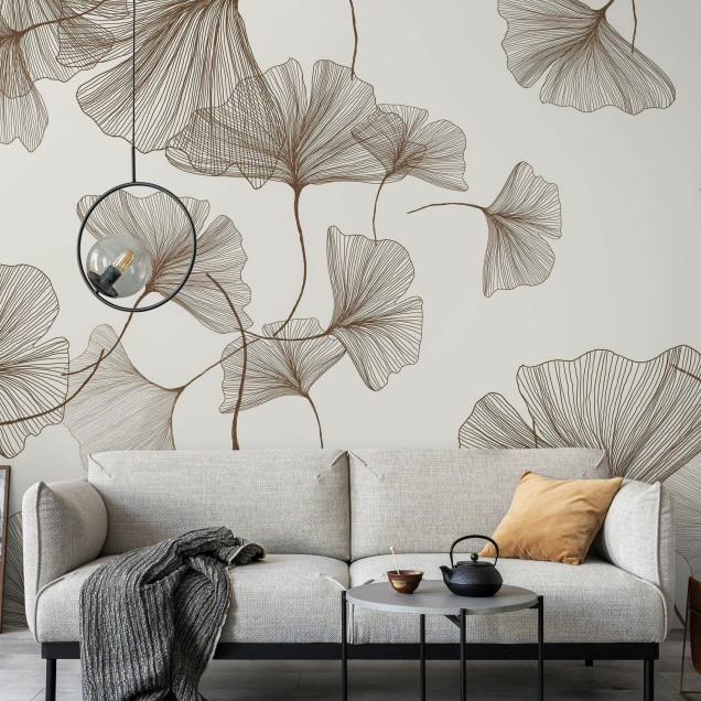 Fototapet cu frunze stilizate în living modern