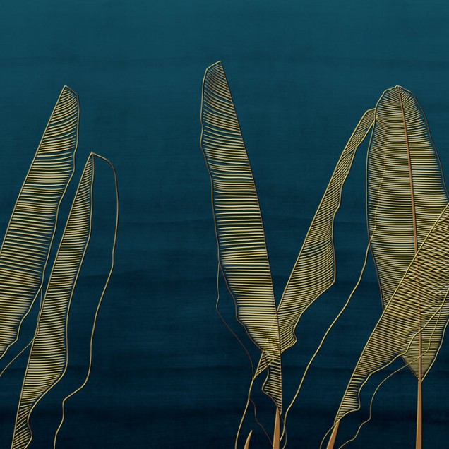 Fototapet cu frunziș auriu pe fundal întunecat într-un living modern