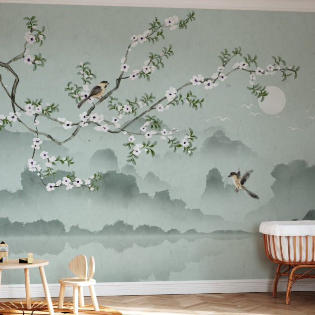 Tapet Birds Lookout cu design modern, cu un peisaj relaxant cu un copac înflorit, păsări delicate și o lună plină.
